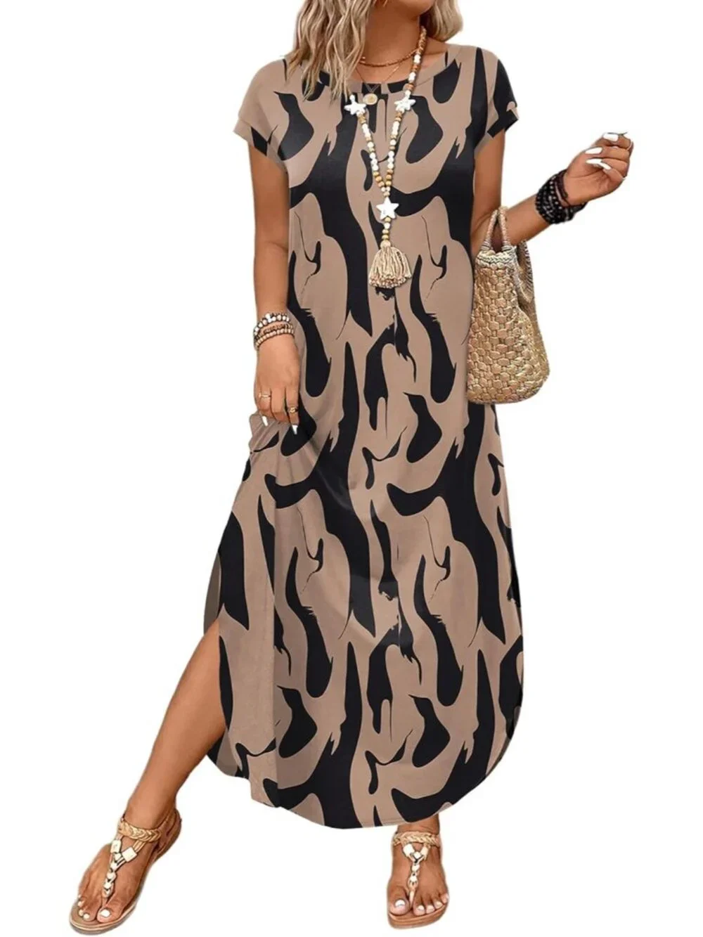 Women's Floral Brown Summer Cap Sleeves Crewneck Casual Maxi Dress with Pockets - Picture 2 of 5